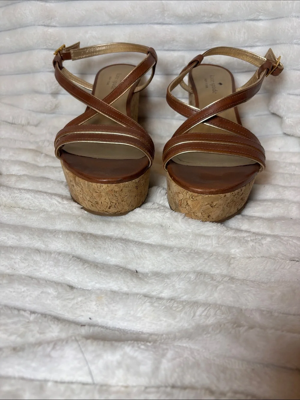 Kate Spade New York Brown/Gold Strappy Platform Cork Wedge Sandals EUC Size 8